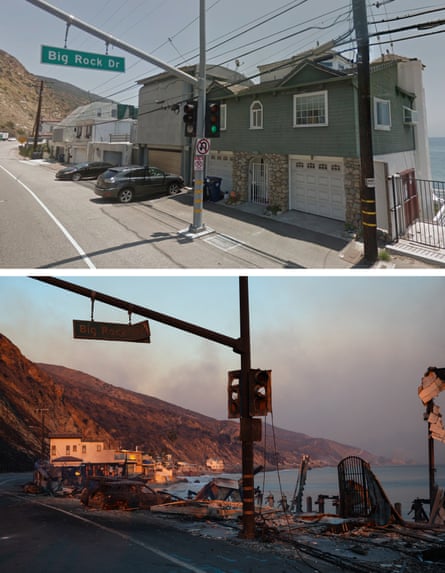 Before and after: Buildings and cars destroyed by the Palisades fire lay along the Pacific Coast Highway in Malibu, California