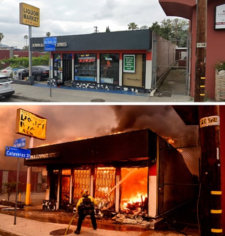 Before and after: A liquor store burns during the Eaton fire in the Altadena area of Los Angeles County, California, on 8 January 8 2025.