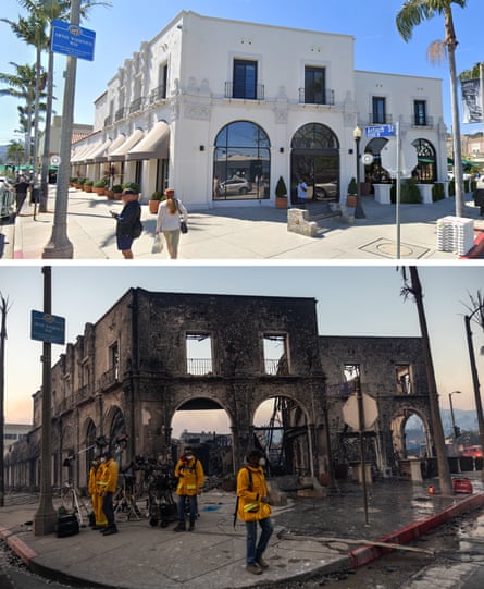 Before and after: the building where the Starbucks coffee shop was located, destroyed in the Palisades Fire